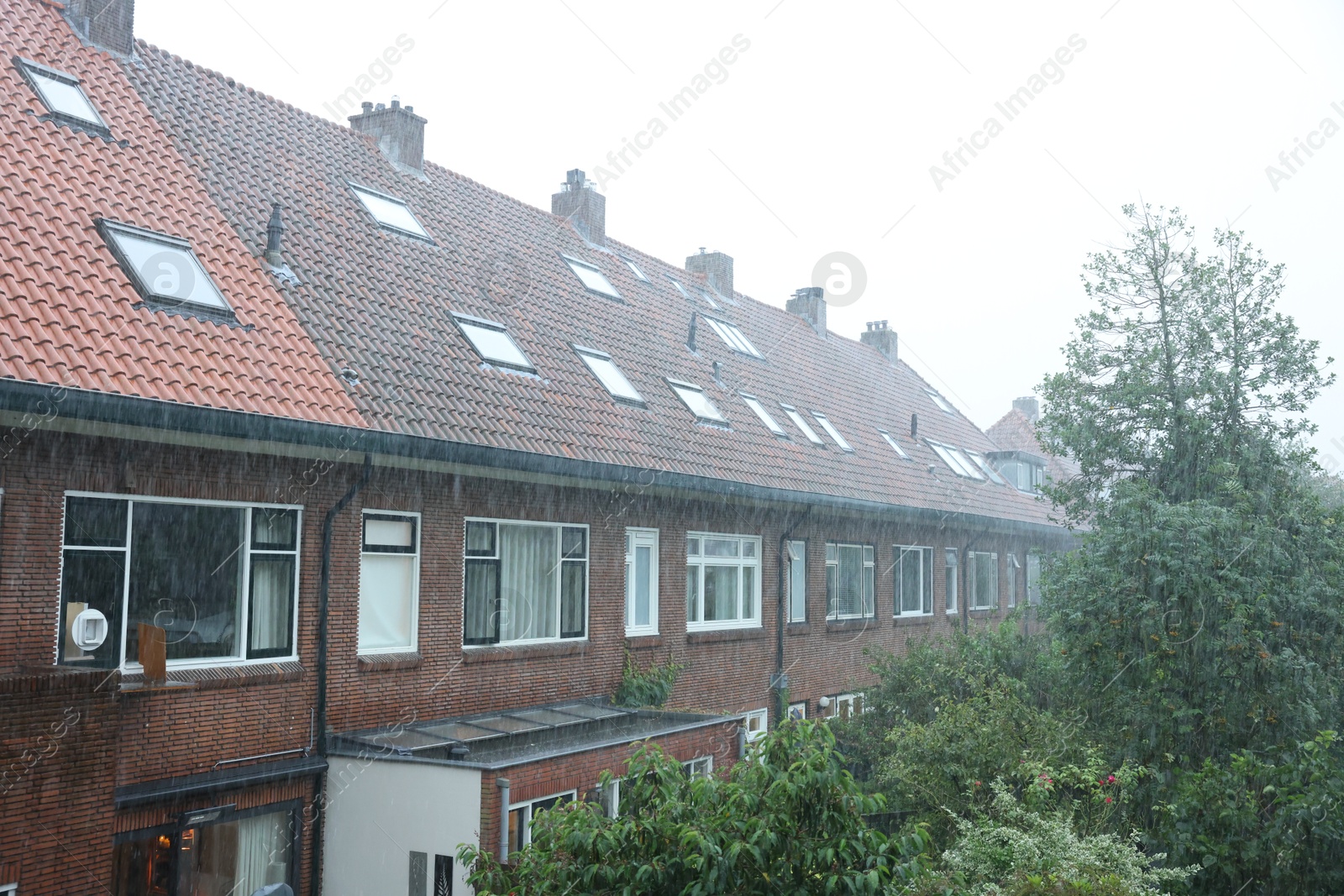 Photo of View of buildings and trees under pouring rain