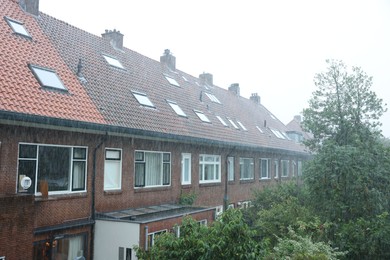 View of buildings and trees under pouring rain