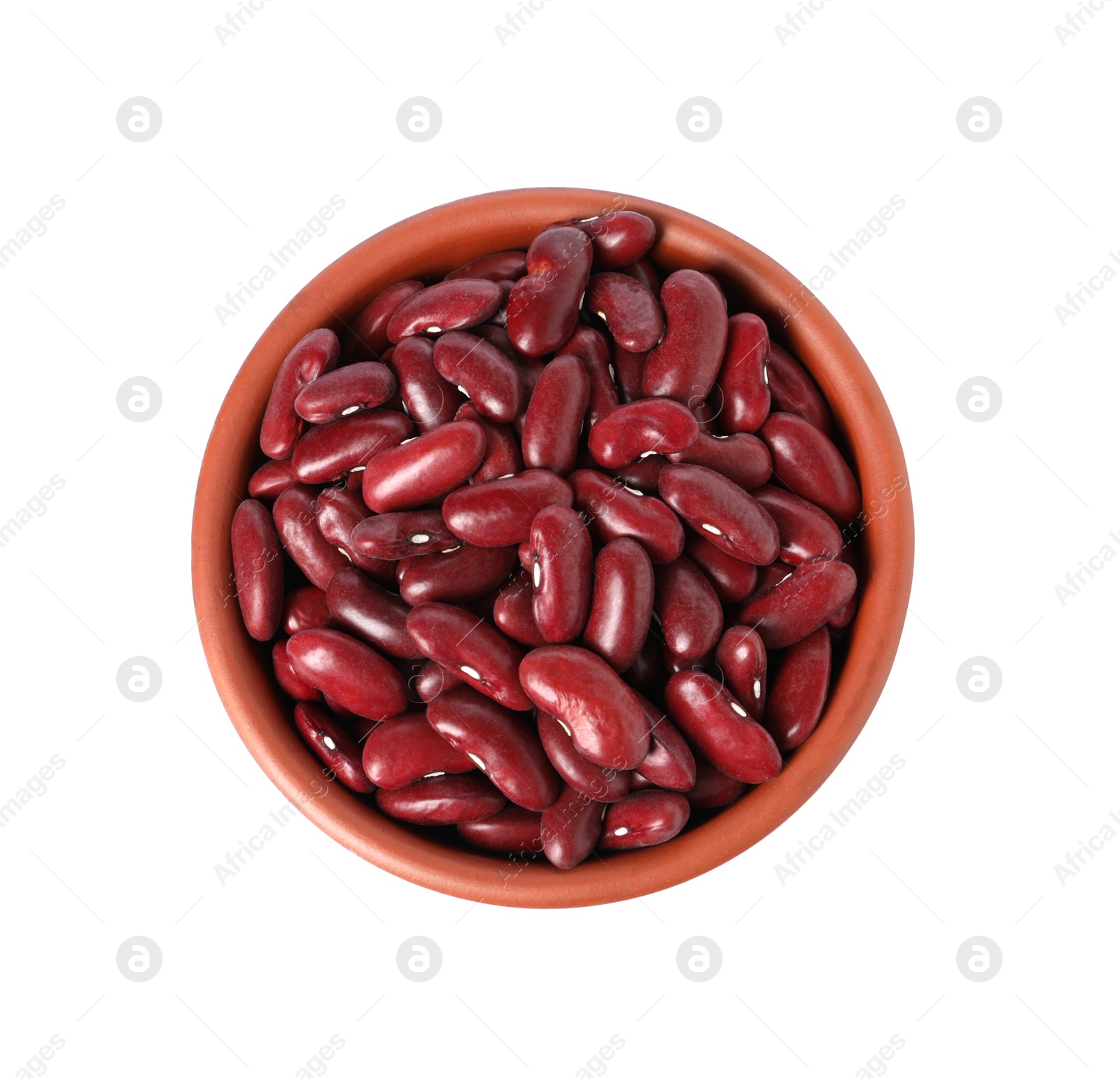 Photo of Dried red beans in bowl isolated on white, top view