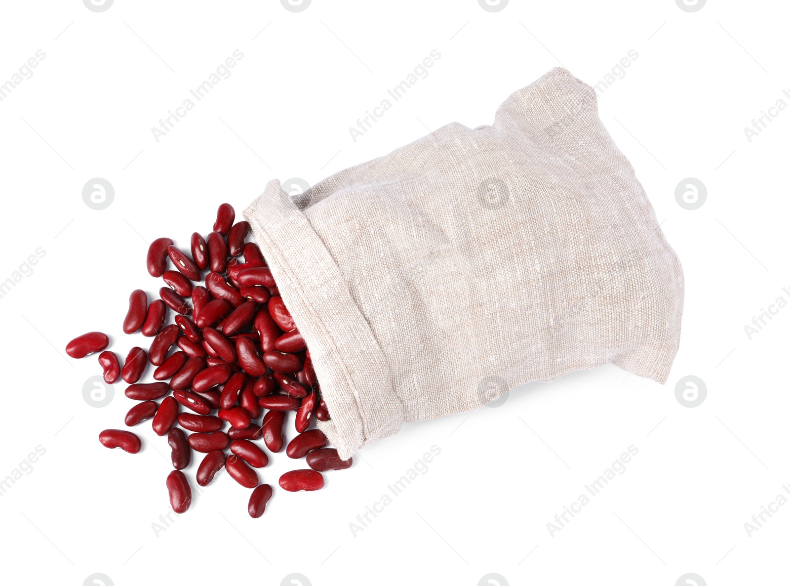 Photo of Dried red beans in burlap isolated on white, top view