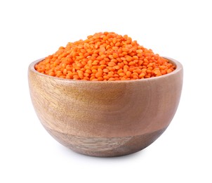 Raw lentils in bowl isolated on white