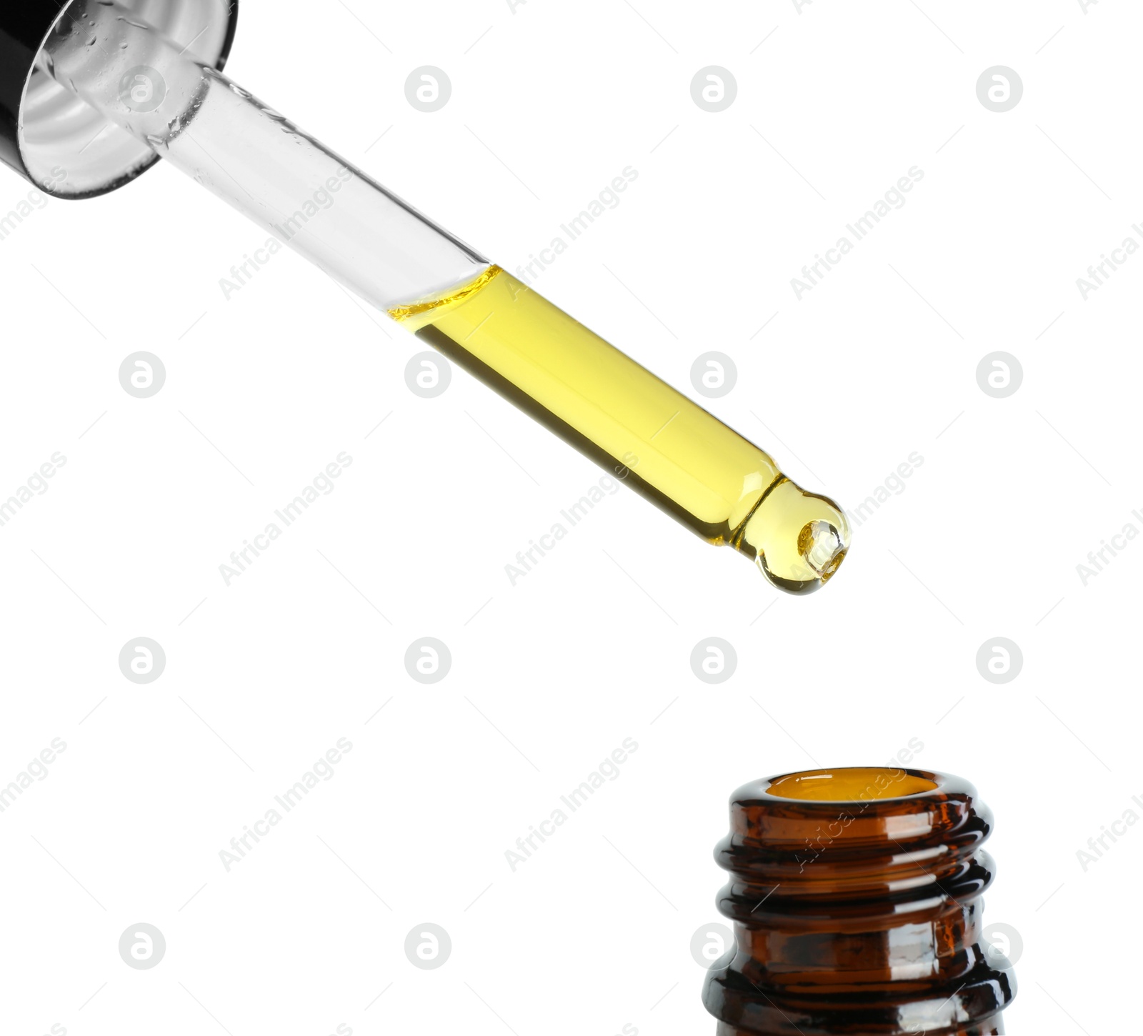 Photo of Dripping tincture from pipette into bottle against white background