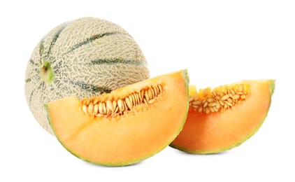 Photo of Tasty ripe Cantaloupe melons isolated on white