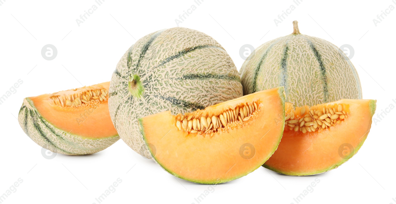 Photo of Tasty ripe Cantaloupe melons isolated on white