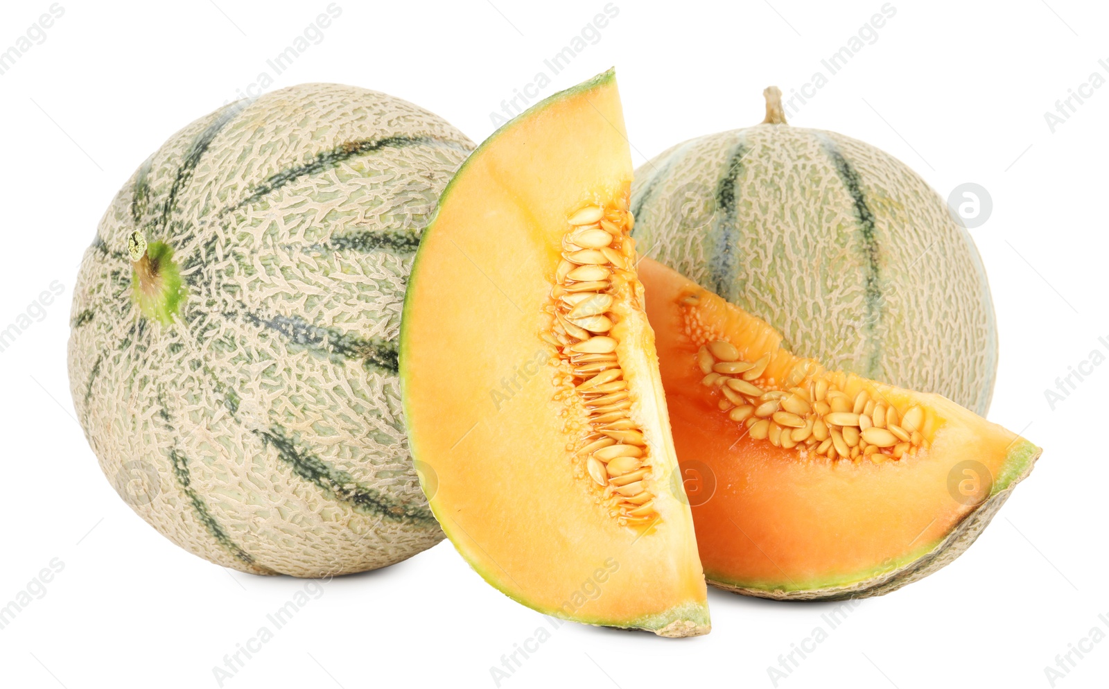 Photo of Tasty ripe Cantaloupe melons isolated on white