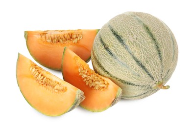 Photo of Tasty ripe Cantaloupe melons isolated on white