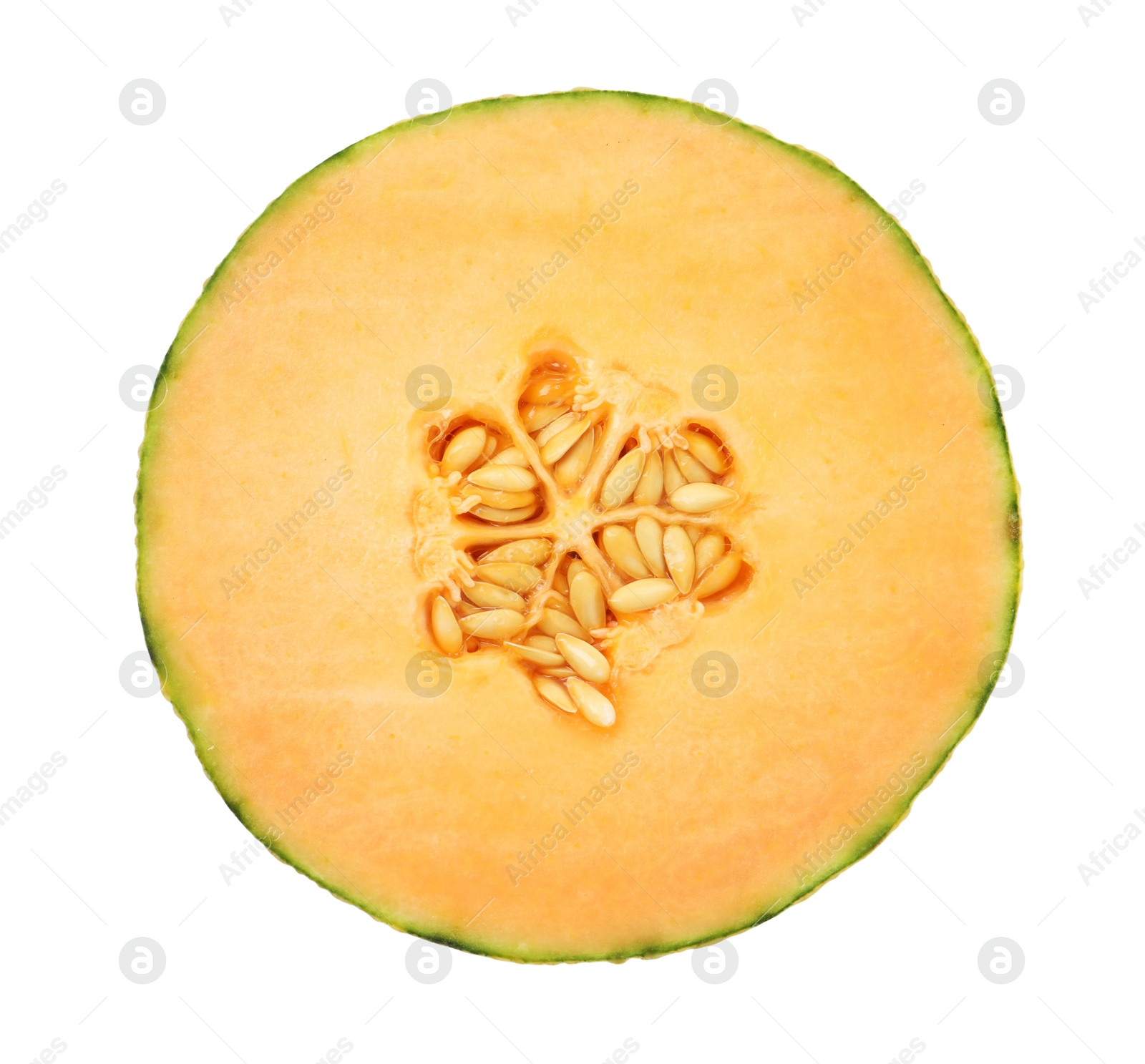 Photo of Half of fresh Cantaloupe melon isolated on white, top view