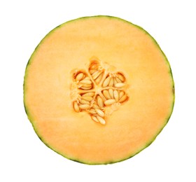 Photo of Half of fresh Cantaloupe melon isolated on white, top view