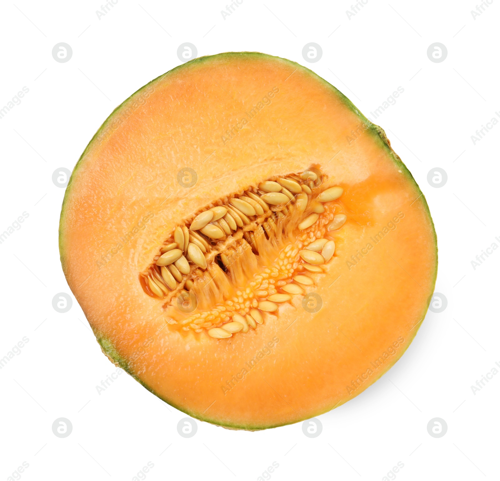 Photo of Half of fresh Cantaloupe melon isolated on white, top view