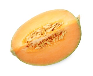 Photo of Slice of Cantaloupe melon isolated on white, top view