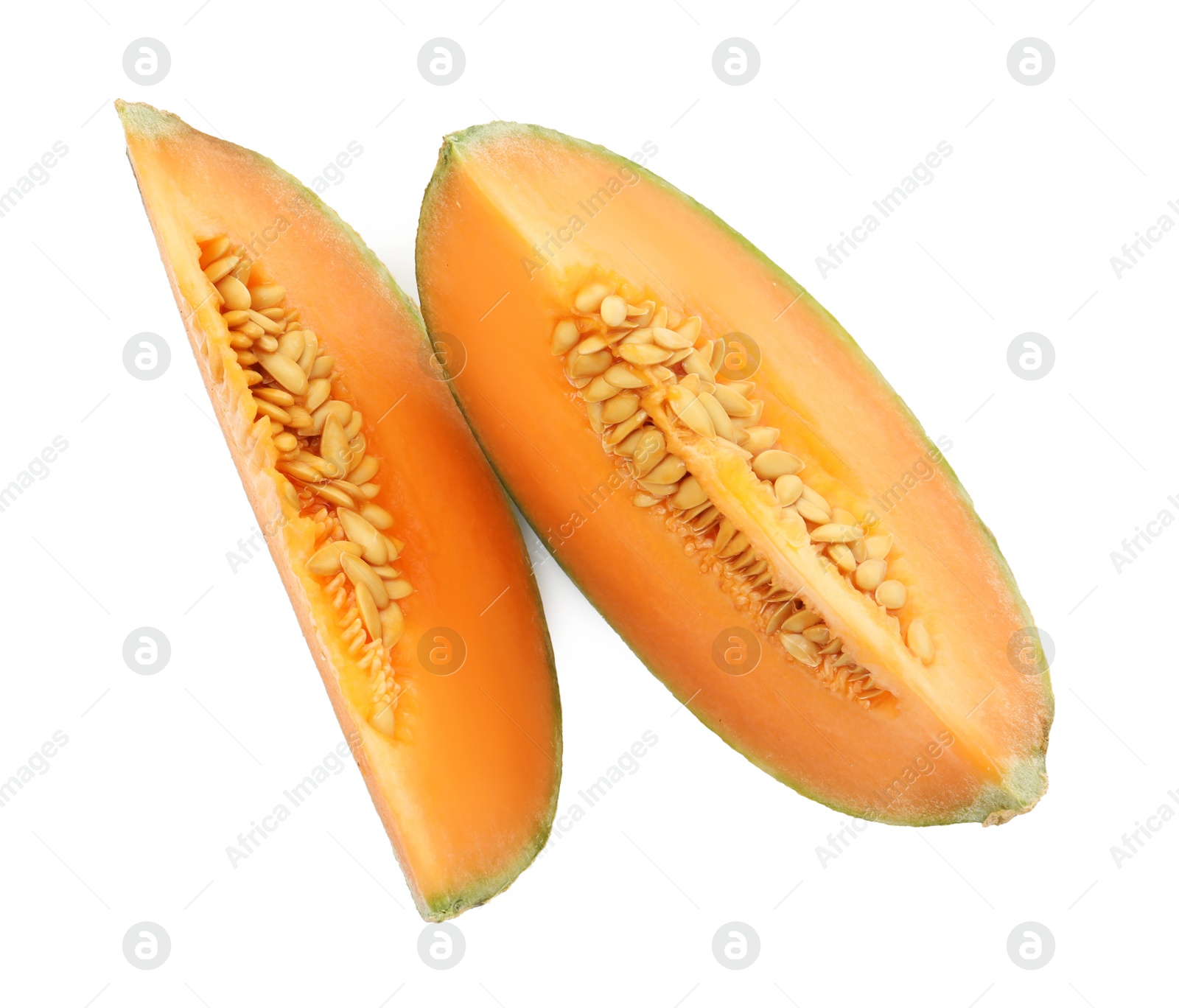 Photo of Pieces of Cantaloupe melon isolated on white, top view