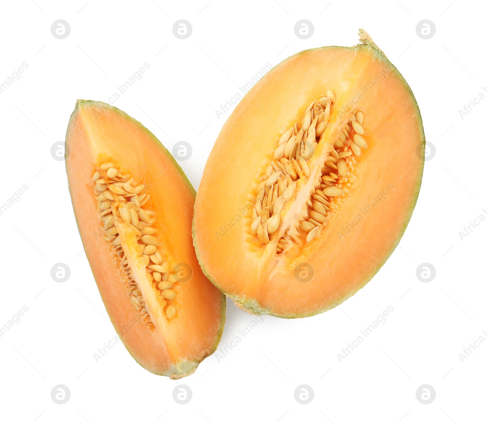 Photo of Pieces of Cantaloupe melon isolated on white, top view