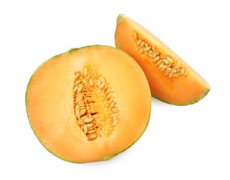 Photo of Pieces of Cantaloupe melon isolated on white, top view