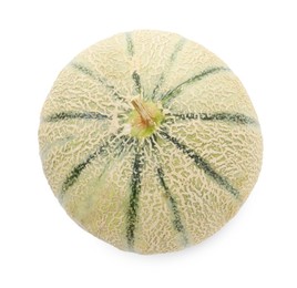 Photo of One whole Cantaloupe melon isolated on white, top view