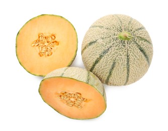 Photo of Tasty ripe Cantaloupe melons isolated on white, top view