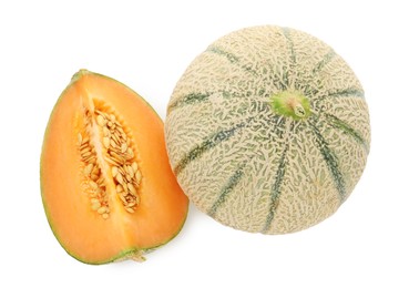 Photo of Tasty ripe Cantaloupe melons isolated on white, top view