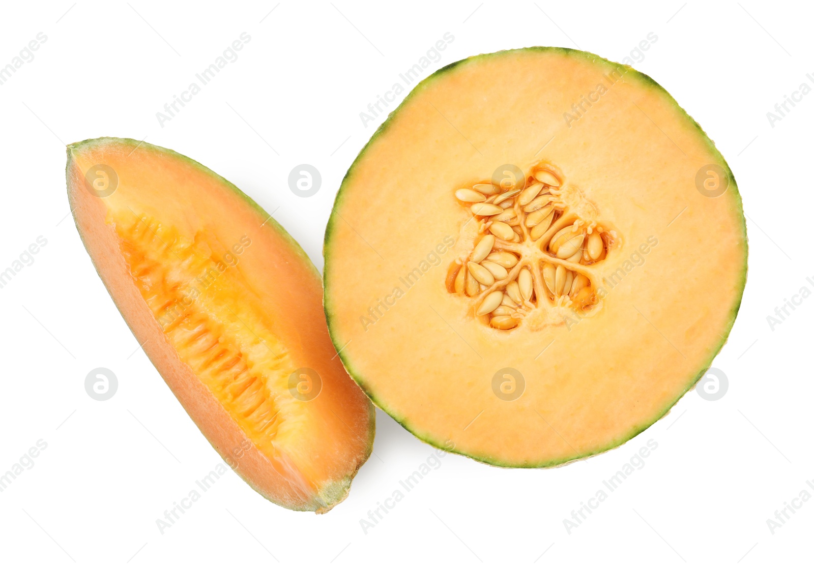 Photo of Pieces of Cantaloupe melon isolated on white, top view