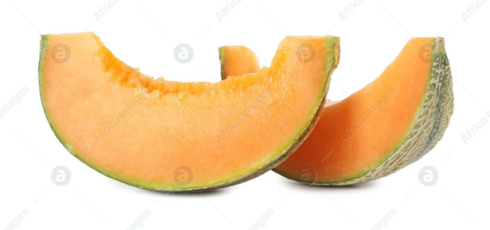 Photo of Pieces of Cantaloupe melon isolated on white