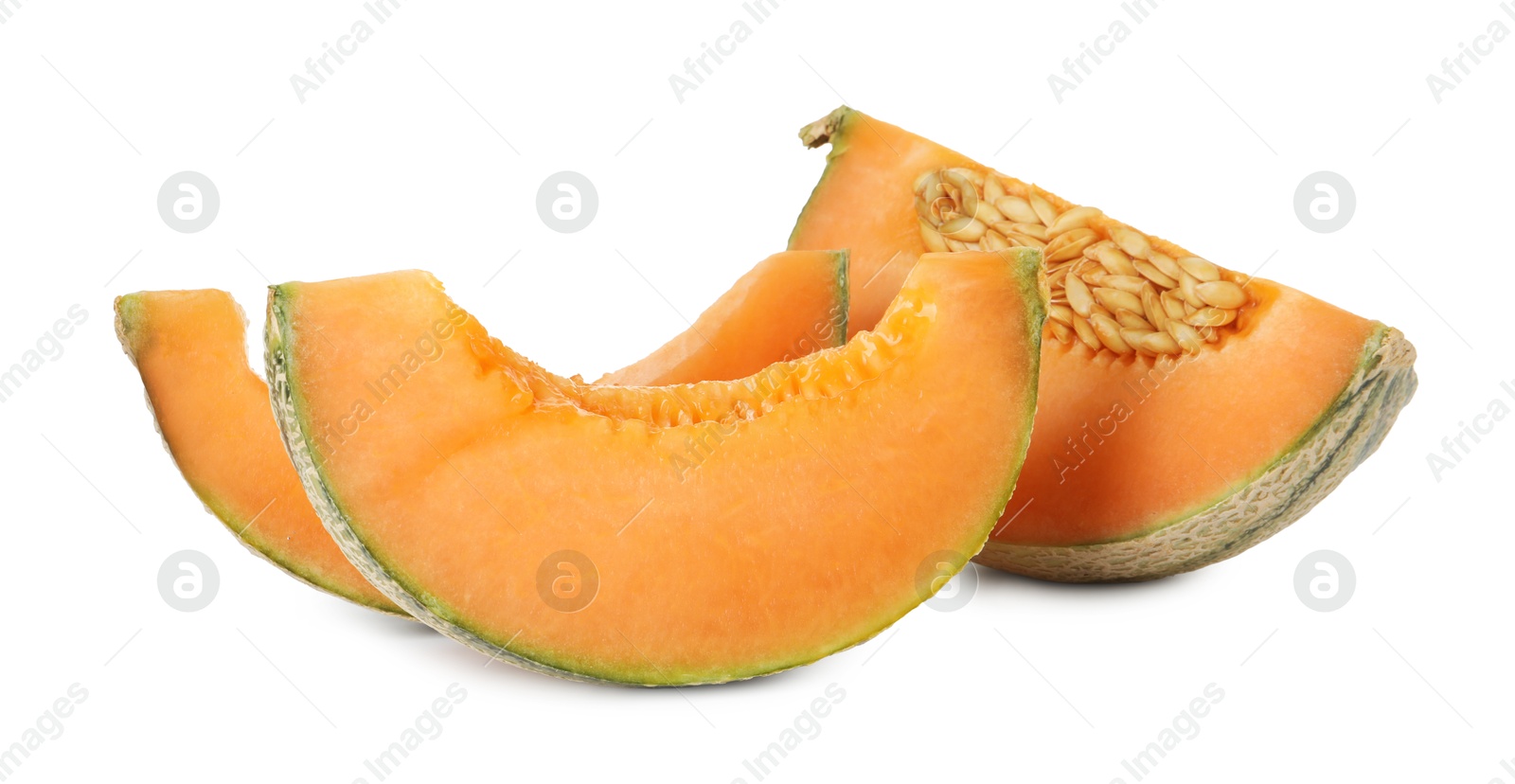 Photo of Pieces of Cantaloupe melon isolated on white