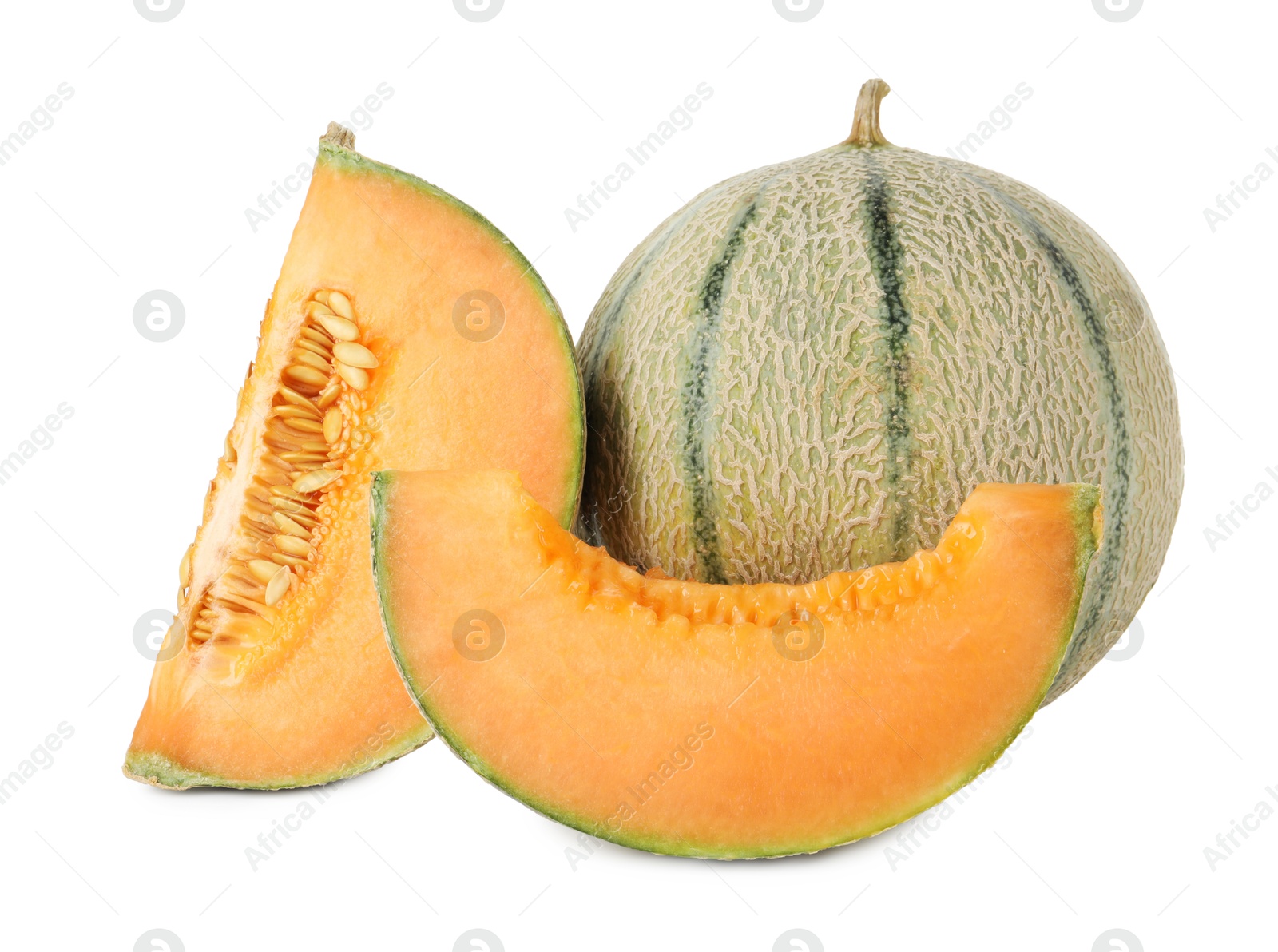 Photo of Tasty ripe Cantaloupe melons isolated on white