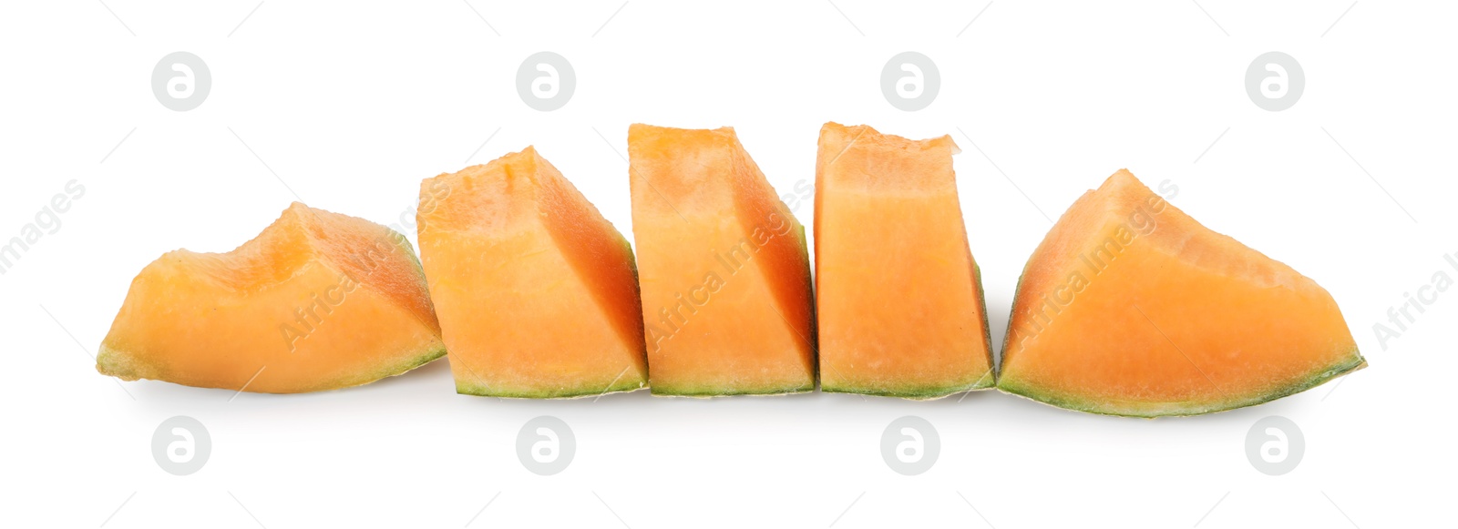 Photo of Pieces of Cantaloupe melon isolated on white