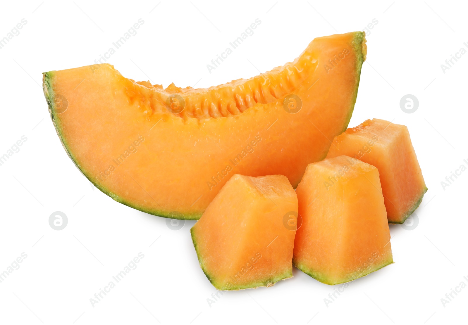 Photo of Pieces of Cantaloupe melon isolated on white