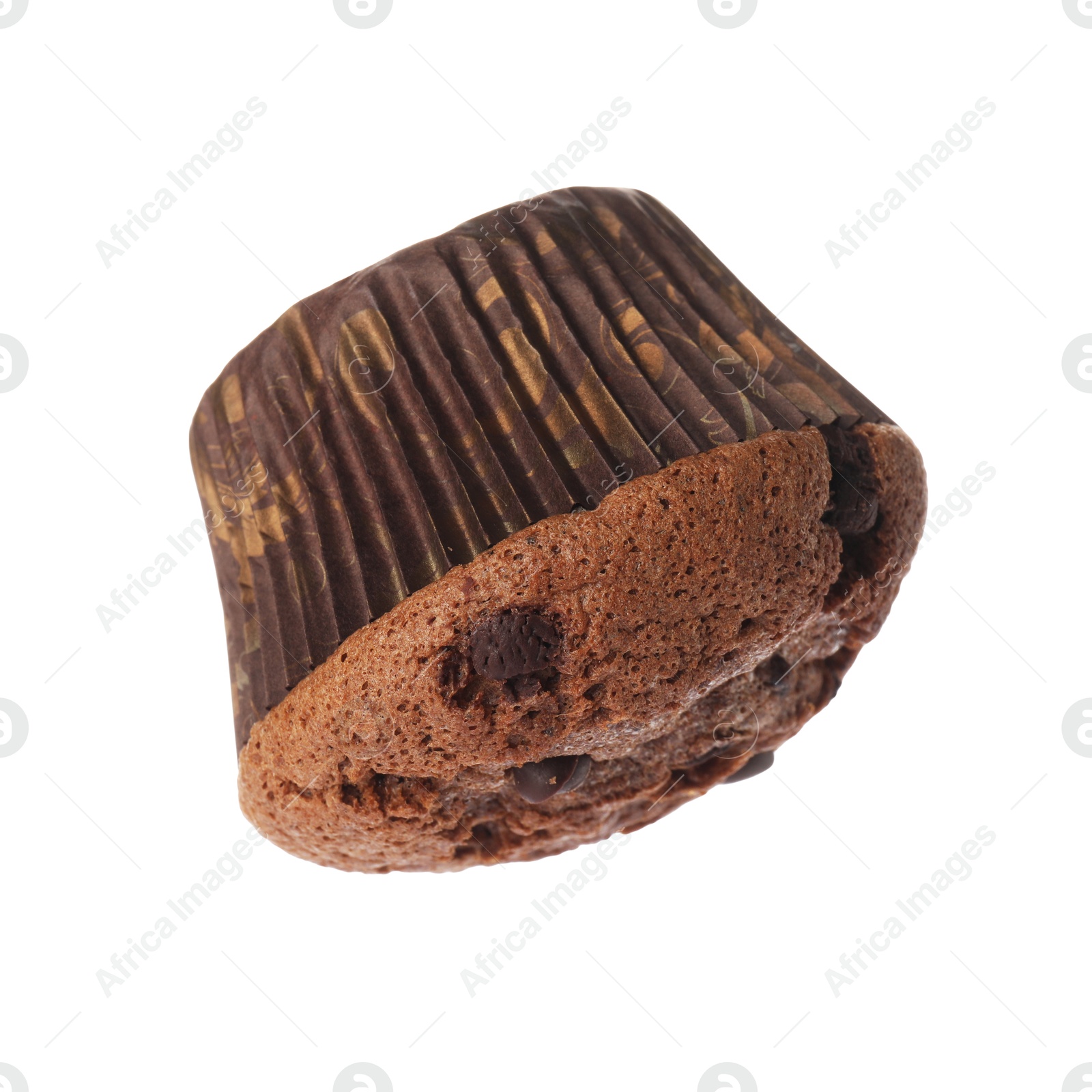 Photo of Delicious sweet muffin with chocolate chips isolated on white