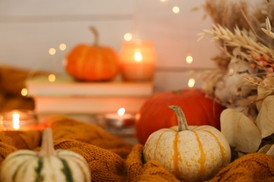 Photo of Pumpkins on soft sweater indoors, closeup. Autumn atmosphere