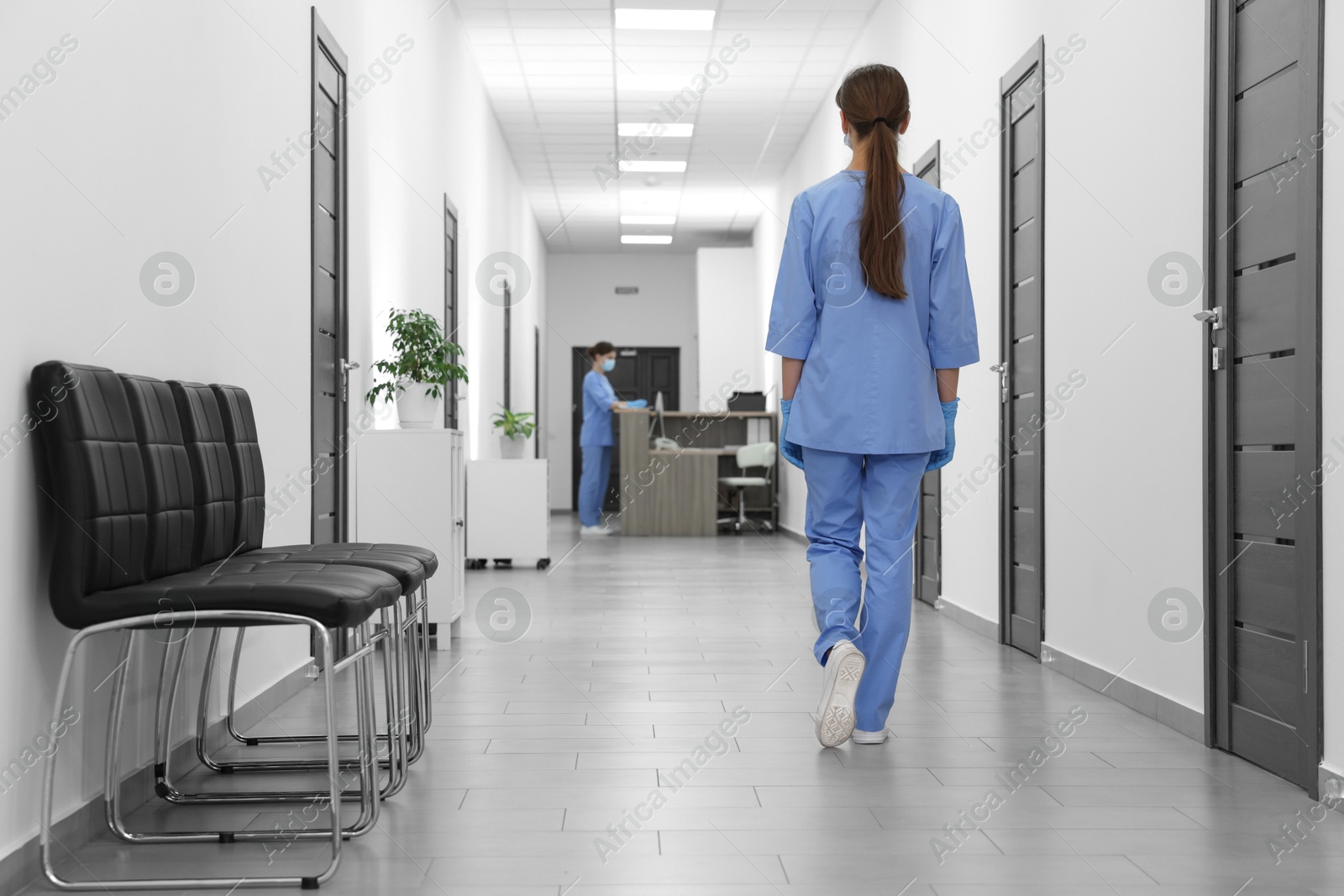 Photo of Nurse in uniform walking in hospital hallway, back view