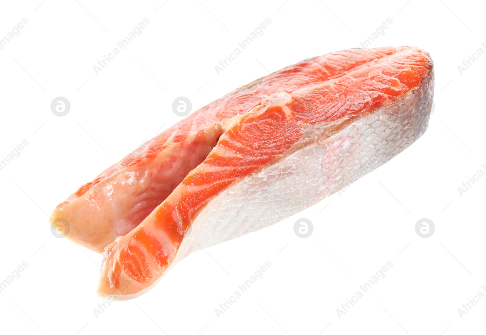 Photo of One fresh raw salmon steak isolated on white. Sea food