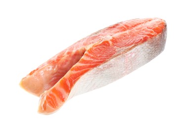 One fresh raw salmon steak isolated on white. Sea food