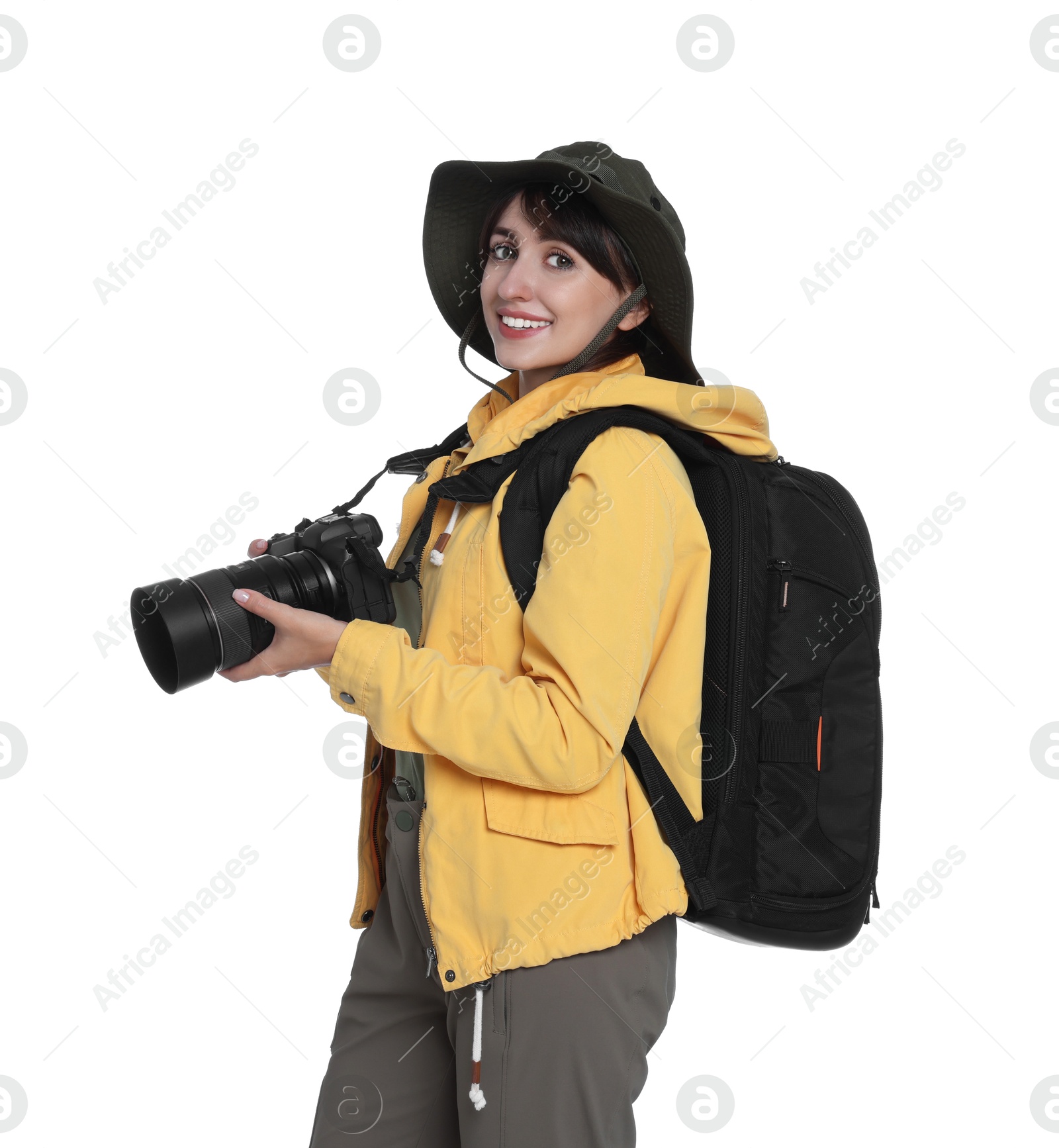 Photo of Photographer with backpack and camera on white background