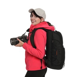 Photographer with backpack and camera on white background