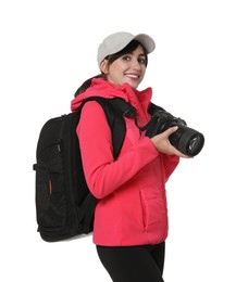 Photographer with backpack and camera on white background