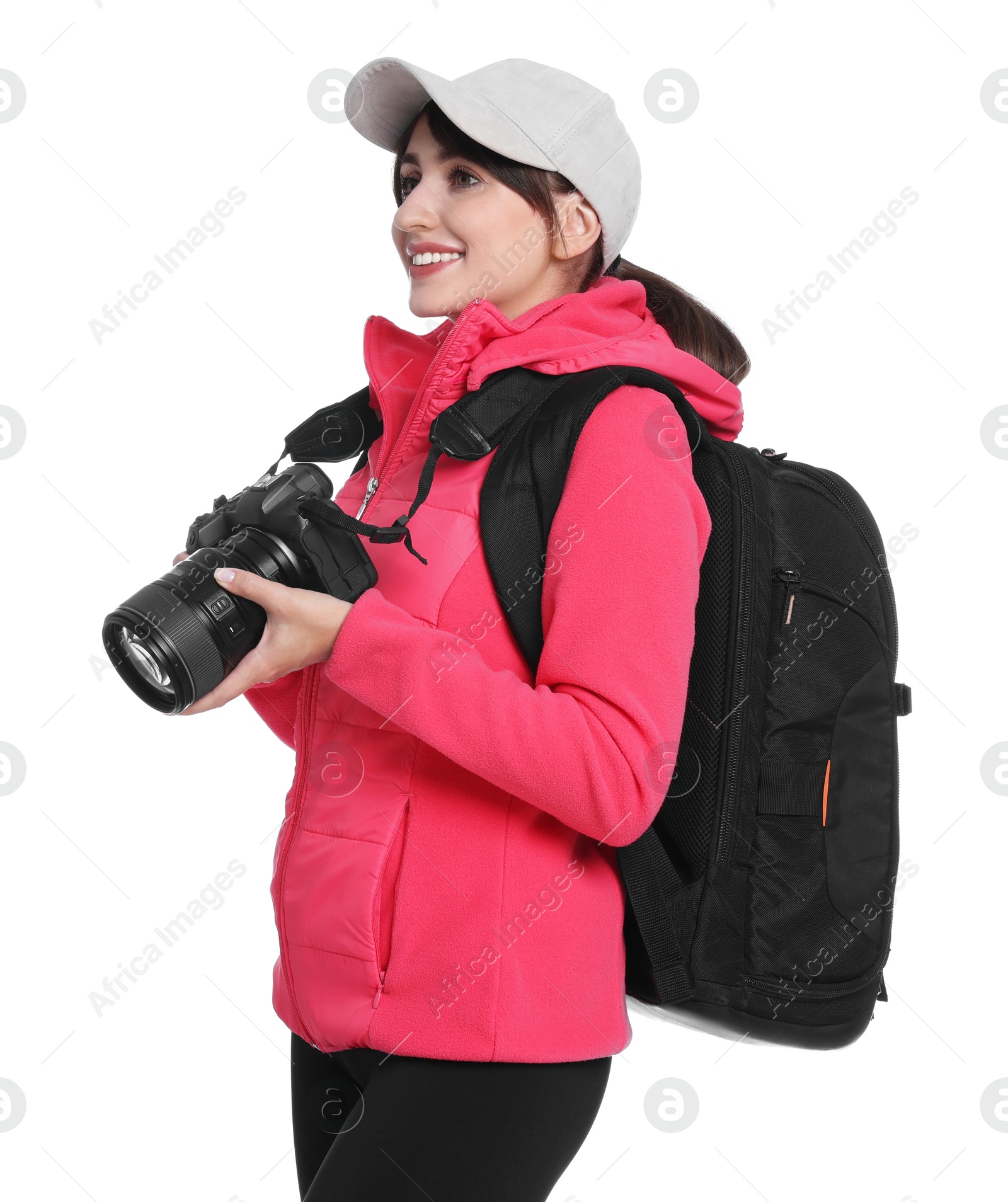 Photo of Photographer with backpack and camera on white background