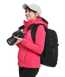 Photographer with backpack and camera on white background