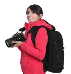 Photo of Photographer with backpack and camera on white background