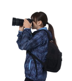 Photo of Photographer with backpack and camera taking picture on white background