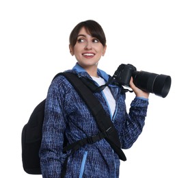 Photo of Photographer with backpack and camera on white background