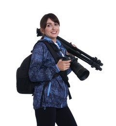 Photo of Photographer with backpack, camera and other professional equipment on white background