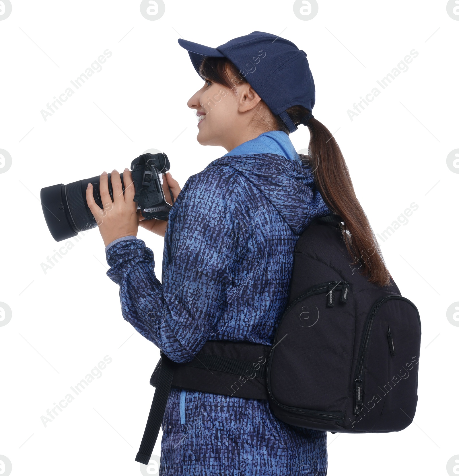 Photo of Photographer with backpack and camera on white background