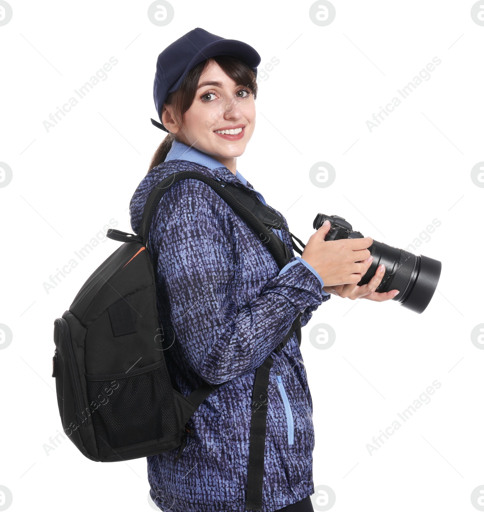 Photo of Photographer with backpack and camera on white background