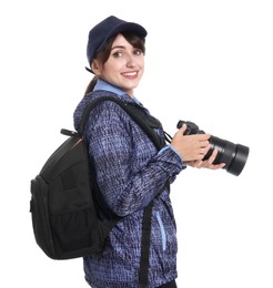 Photographer with backpack and camera on white background