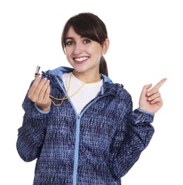 Photo of Happy woman with whistle on white background