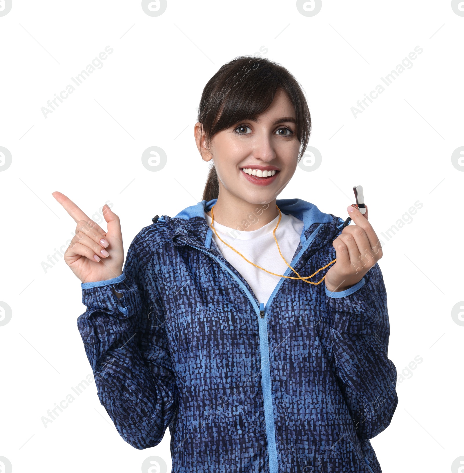 Photo of Happy woman with whistle on white background