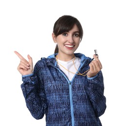 Happy woman with whistle on white background