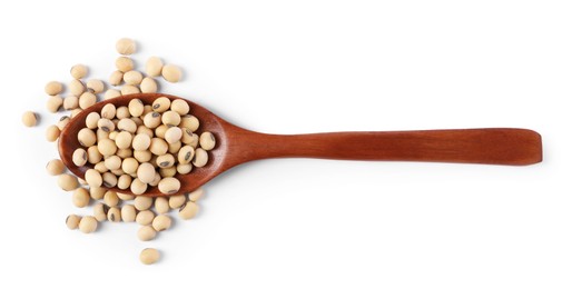 Spoon with soy beans isolated on white, top view