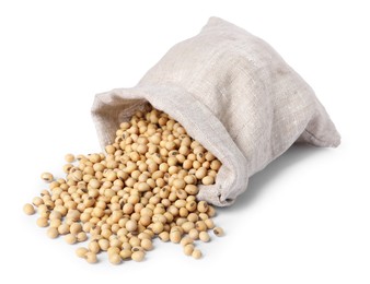 Photo of Soy beans in burlap sack isolated on white