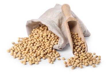 Photo of Soy beans and scoop in burlap sack isolated on white