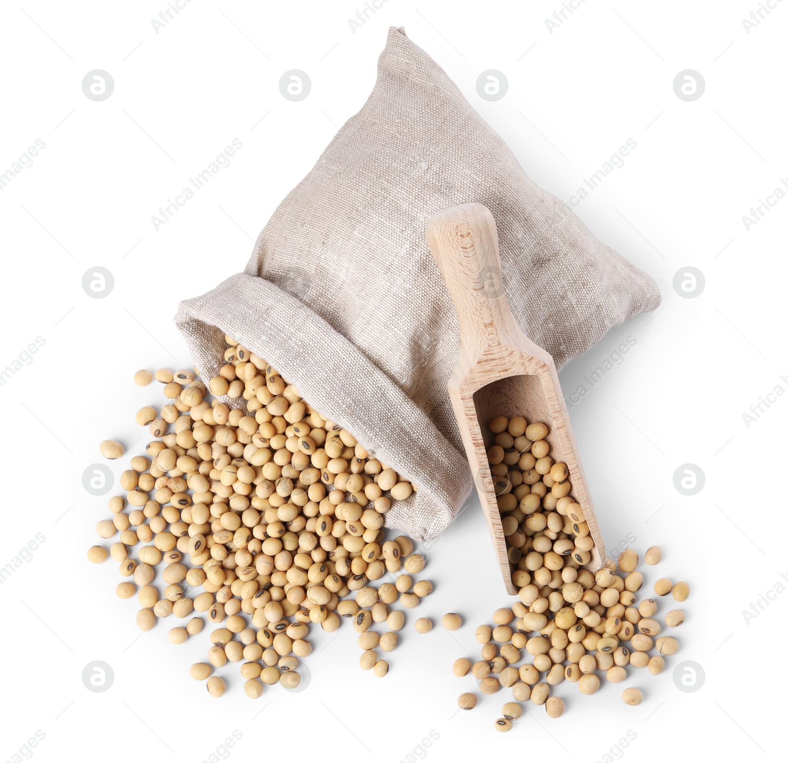 Photo of Soy beans and scoop in burlap sack isolated on white, top view